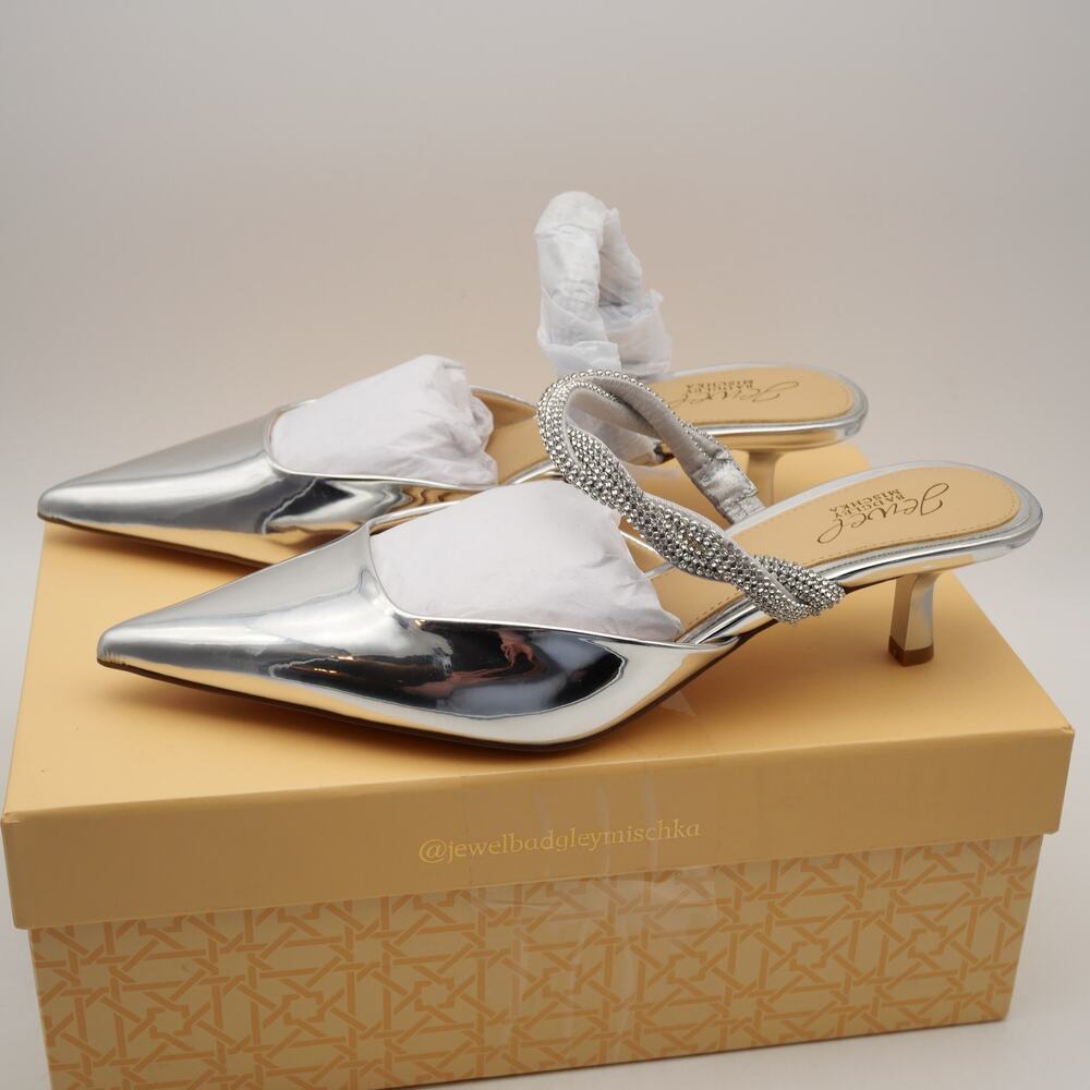NEW Jewel Badgley Mischka Tiffani Women's 8 Kitten Heel Mules Silver